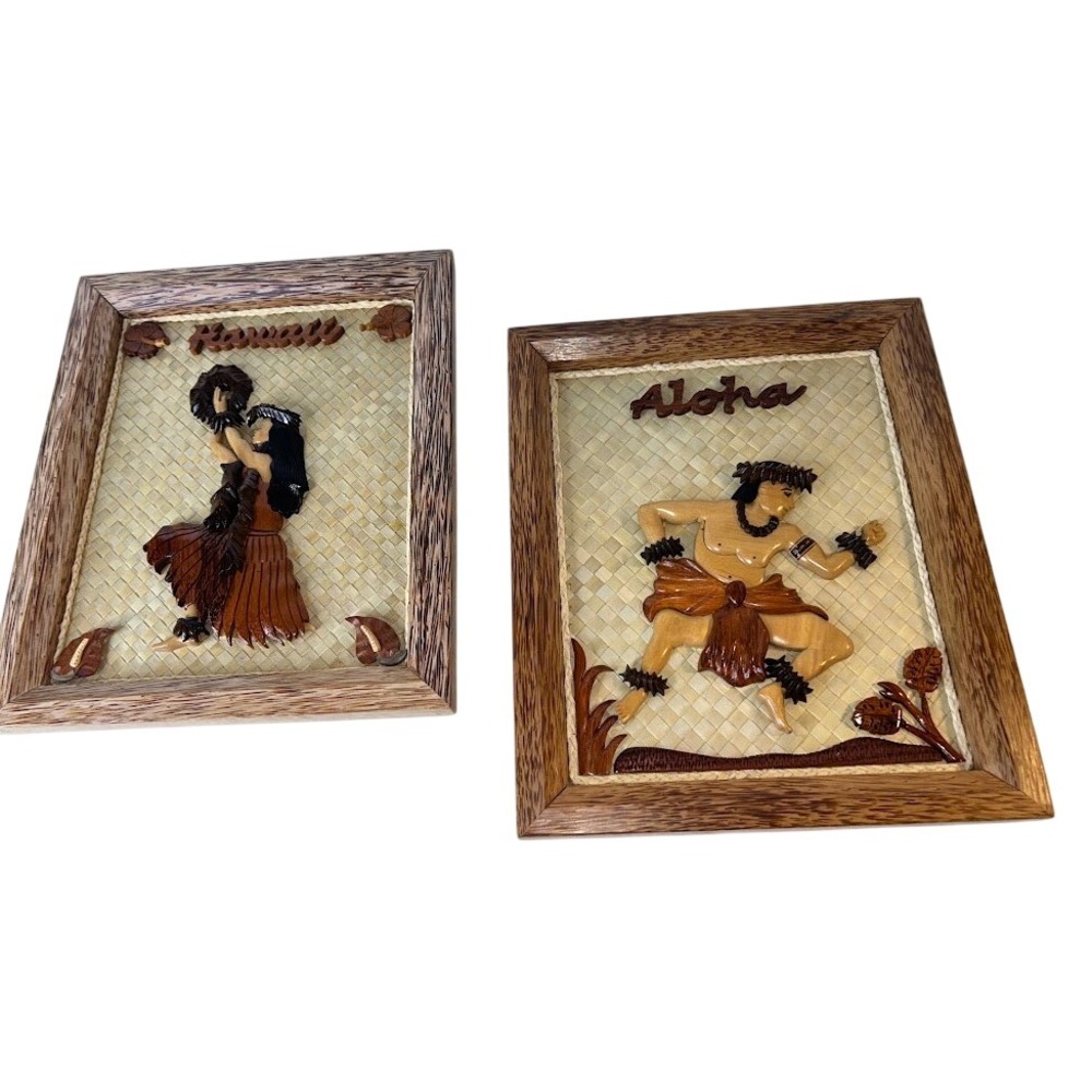 Vintage Hawaiian 3D Wood Art Set Hula Dancers Aloha Hawaii Lauhala Framed Decor